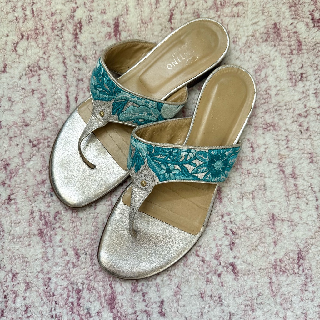 Valentino Embroiderer Floral Metallic Flip Flop Sandals